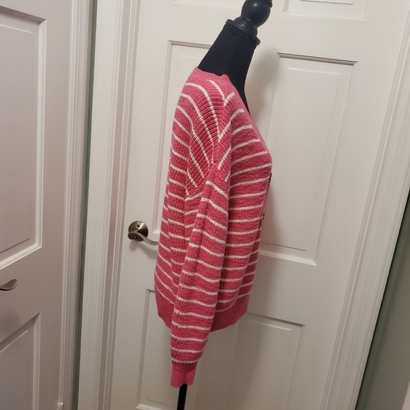 LOFT PINK & White Striped Chunky Knit Cardigan size Medium, Casual, Comfy - Picture 3 of 9